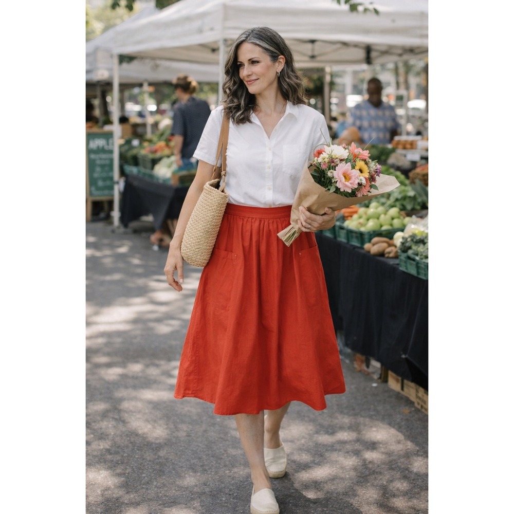 Odille Anthropologie Coral Red Pleated Midi Skirt with Pockets Gold Studs Size 4